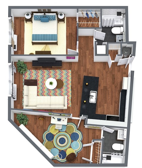 Floor plan for 1 bed, 2 baths, 825 sqft
